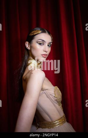 London, UK. Sunday 19th February 2023. A model backstage at the AADNEVIK AW23 Fashion Show at The Royal Horseguards as part of London Fashion Week. Credit: Katie Collins/EMPICS/Alamy Live News Stock Photo