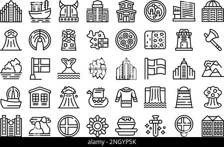 Iceland icons set outline vector. North island. Polar tourist Stock Vector