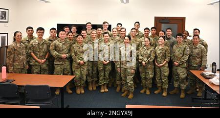 SBD3 Commander, Col. Mia Walsh and CMSgt Sarah Morgan spoke to 3rd and 4th year cadets from the US Air Force ROTC Detachment 055 in Los Angeles, Calif., December 12, 2022. Out of 15 seniors, five were selected to join the United States Space Force. Stock Photo