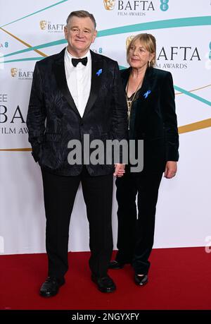 February 19th, 2023, London, UK. Brendan Gleeson and Mary Gleeson arriving at the 2023 EE BAFTA Film Awards, Royal Festival Hall, London. Credit: Doug Peters/EMPICS/Alamy Live News Stock Photo