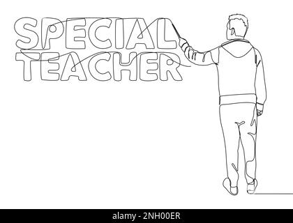 One continuous line of Man pointing at Special Teacher word. Thin Line Illustration vector concept. Contour Drawing Creative ideas. Stock Vector