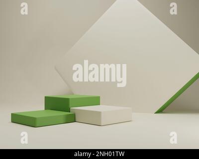 3D rendering green white minimal rectangular pedestal or podium for product showcase display with square panel. 3D mockup illustration Stock Photo