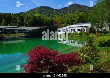 FUSCHL AM SEE, AUSTRIA –11 MAY 2022- View of the Red Bull Global Headquarters building and campus located in Fuschl, Austria, near Salzburg. Stock Photo