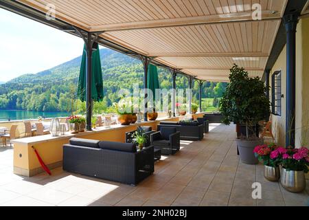 HOF BEI SALZBURG, AUSTRIA –11 MAY 2022- View of the landmark Hotel Schloss Fuschl, a former Marriott Bonvoy Luxury Collection hotel to become a Rosewo Stock Photo