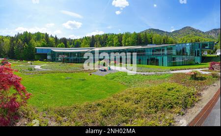 FUSCHL AM SEE, AUSTRIA –11 MAY 2022- View of the Red Bull Global Headquarters building and campus located in Fuschl, Austria, near Salzburg. Stock Photo