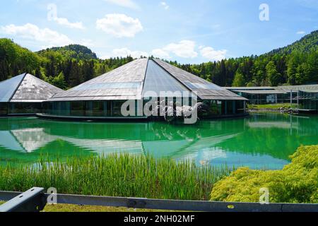 FUSCHL AM SEE, AUSTRIA –11 MAY 2022- View of the Red Bull Global Headquarters building and campus located in Fuschl, Austria, near Salzburg. Stock Photo