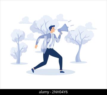 Business shout out, attention and announce promotion concept, businessman using megaphone speak out loud to be heard in public.Flat vector modern illu Stock Vector