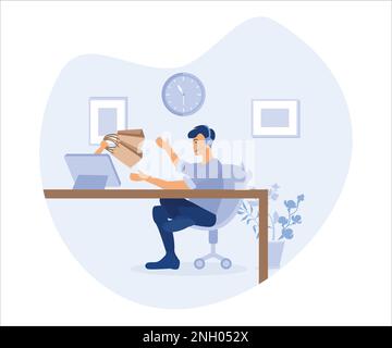 Online shopping and express delivery, young man sit at home using computer laptop to order goods from website,Flat vector modern illustration Stock Vector