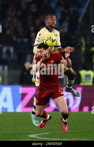 Rome, Italy. 19th Feb, 2023. Andrea Belotti (AS Roma) Isak Hien (Hellas Verona) during the Italian Football Championship League A 2022/2023 match between AS Roma vs Hellas Verona at the Olimpic Stadium in Rome on 19 February 2023. Credit: Independent Photo Agency/Alamy Live News Stock Photo