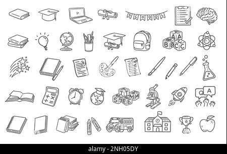 Education dry brush stroke objects vector illustration. Hand drawn design elements knowledge learning concept Stock Vector