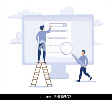 SEO ranking, businessman marketing team move website ranking on search result page. Flat vector modern illustration. Stock Vector