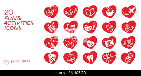 Fun and activities leisure pursuit icons dry brush stroke style. Grunge textured solid icon vector illustration Stock Vector