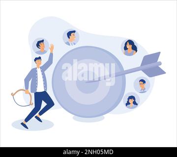 Target audience for advertising, people focus group research concept, businessman shooting bow on people target bulls eye. Flat vector modern illustra Stock Vector