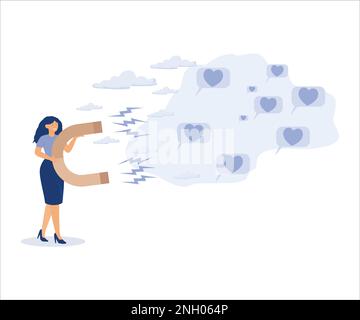 Social media marketing, customer engagement to attract user like concept, woman online influencer using magnet to draw love symbols. Flat vector moder Stock Vector