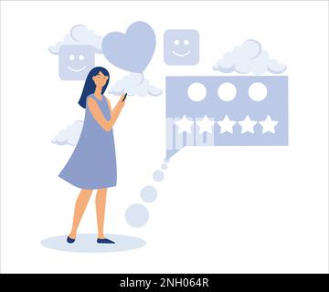 Customer feedback from mobile application, online survey concept, satisfied woman holding mobile giving 5 stars rating feedback. Flat vector modern il Stock Vector