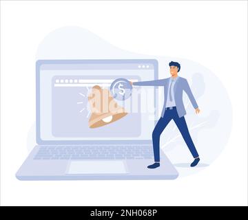 Subscription business model, membership payment to use software on content concept, customer hand put coin on subscription bell on laptop. Flat vector Stock Vector