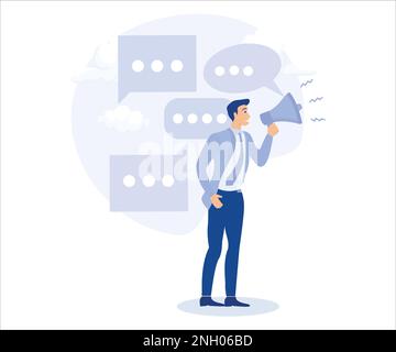 Communication or PR, announce sales or promotion concept, businessman holding speech bubble while talking on megaphone. Flat vector modern illustratio Stock Vector