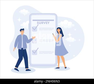 opinion or customer feedback using internet concept, man and woman using mobile or smartphone to fill in online survey checklist. Flat vector modern i Stock Vector