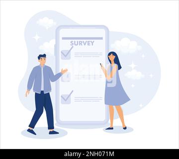 opinion or customer feedback using internet concept, man and woman using mobile or smartphone to fill in online survey checklist. Flat vector modern i Stock Vector