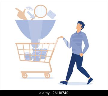 Sales funnel or online marketing conversion rate, businessman holding shopping cart with money coin from sales funnel. Flat vector modern illustration Stock Vector