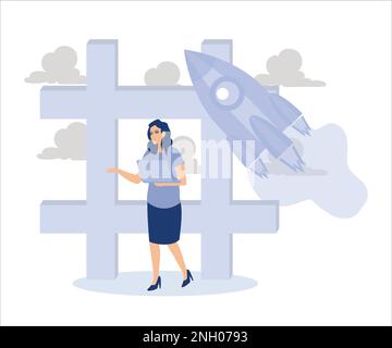 Online trend digital marketing or advertising strategy concept,marketer using laptop on moving hashtag with rocket booster.Flat vector modern illustra Stock Vector