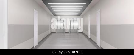 Realistic hallway with two closed elevators. Vector illustration of modern office, hospital, clinic or hotel building corridor with many white doors, lifts, led light lamps on ceiling and tiled floor Stock Vector