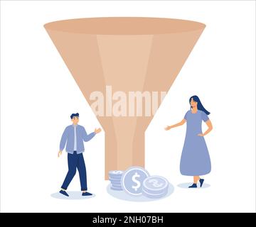Marketing or sale funnel, online ads or purchase rate concept, business people marketer holding funnel with flow of purchase money, Flat vector modern Stock Vector