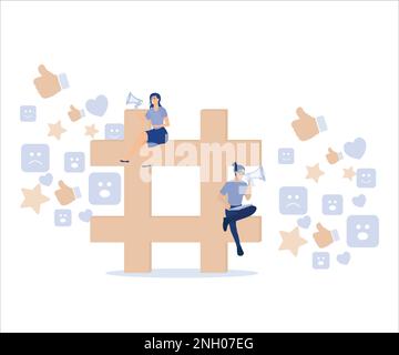Social media marketing, hashtag followers or social strategy concept, marketer advertising team announce promotion on hashtag sign with social feedbac Stock Vector