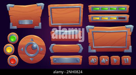 Set of wooden game ui board templates isolated on background. Vector cartoon illustration of old wood texture menu and settings windows, buttons, progress and volume bars. User interface elements Stock Vector