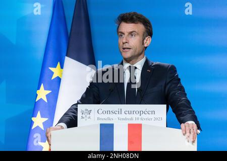 Brussels, Belgium. 10th Feb, 2023. Emmanuel Macron President of France speaks during a press conference after the European Council Summit in Brussels with the EU leaders and President of Ukraine. Credit: SOPA Images Limited/Alamy Live News Stock Photo