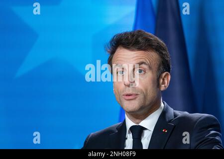 Brussels, Belgium. 10th Feb, 2023. Emmanuel Macron President of France speaks during a press conference after the European Council Summit in Brussels with the EU leaders and President of Ukraine. Credit: SOPA Images Limited/Alamy Live News Stock Photo