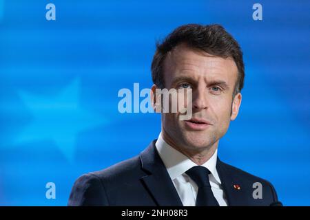 Brussels, Belgium. 10th Feb, 2023. Emmanuel Macron President of France speaks during a press conference after the European Council Summit in Brussels with the EU leaders and President of Ukraine. (Photo by Nik Oiko/SOPA Images/Sipa USA) Credit: Sipa USA/Alamy Live News Stock Photo