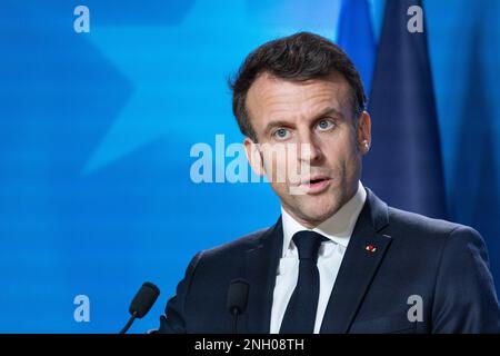 Brussels, Belgium. 10th Feb, 2023. Emmanuel Macron President of France speaks during a press conference after the European Council Summit in Brussels with the EU leaders and President of Ukraine. (Photo by Nik Oiko/SOPA Images/Sipa USA) Credit: Sipa USA/Alamy Live News Stock Photo