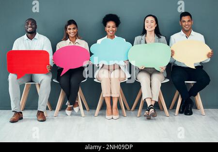 Speech bubble, business people and advertising for recruitment on social media and join us in waiting room. We are hiring, poster and banner mockup by Stock Photo