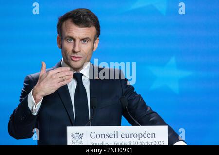 Brussels, Belgium. 10th Feb, 2023. Emmanuel Macron President of France speaks during a press conference after the European Council Summit in Brussels with the EU leaders and President of Ukraine. (Credit Image: © Nik Oiko/SOPA Images via ZUMA Press Wire) EDITORIAL USAGE ONLY! Not for Commercial USAGE! Stock Photo