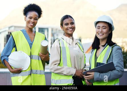 Engineering, team and portrait of a construction workers on a site outdoor in the city in collaboration. Teamwork, colleagues and group of female Stock Photo