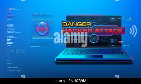 Attention! Attack. Danger for your computer. Laptop with hacking danger screen. Track down hacker attack on your computer. Protecting personal data co Stock Vector