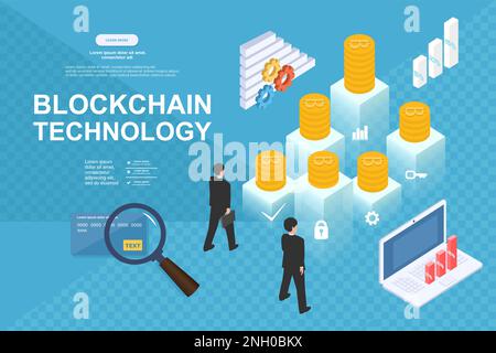 Cryptocurrency and blockchain isometric composition with people, analysts and managers working on crypto start up. Isometric illustration Stock Vector