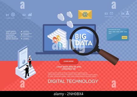 Big data business analysis landing page template charts and analyzing Stock Vector