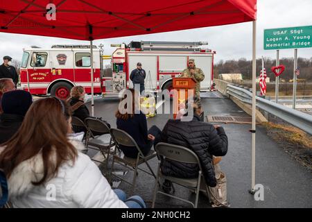 U. S. Air Force Brig. Gen. David Cochran, Assistant Adjutant General – Air, West Virginia National Guard, addresses the audience at a bridge dedication ceremony in Berkeley County, W.Va., Dec. 3, 2022. The Tabler Station Overpass was renamed the U.S. Air Force Staff Sgt. Logan A. Young Memorial Bridge. Young was a firefighter for the 167th Airlift Wing and lost his life while fighting a fire Dec. 27, 2020. Stock Photo