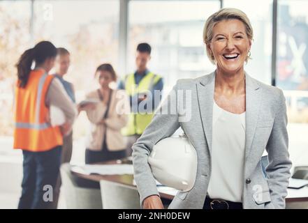 Portrait, construction worker and leader with an engineer woman at work in her architecture office. Industry, design and building with a ceo architect Stock Photo
