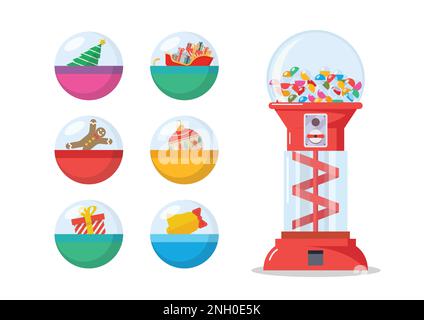 Christmas toy capsules vending machine. Toy vending machine. Gacha Gacha toy capsule. Vector illustration Stock Vector