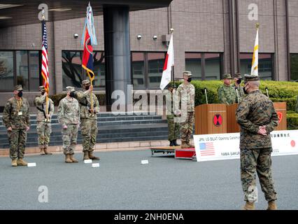 Lt. Gen. Ryoji General Takemoto, Commanding General of the Japan Ground Self Defense Force (JGSDF) Western Army, Maj. General Stephen G. Smith, 7th Infantry Division Commanding General and U.S. Marine Corps Brigadier General Michael A. Brooks, Assistant Commanding General of 3rd Marine Division, provide opening remarks for Yama Sakura 83 opening ceremony at Camp Kengun, Japan, Dec. 4, 2022. Yama Sakura is a complex command post exercise that has been ongoing for over 40 years and continues to build the bilateral partnership of the strong US-JGSDF alliance. Stock Photo