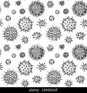 Viruses seamless patten. Scientific hand drawn vector illustration in sketch style. Microscopic microorganisms Stock Vector