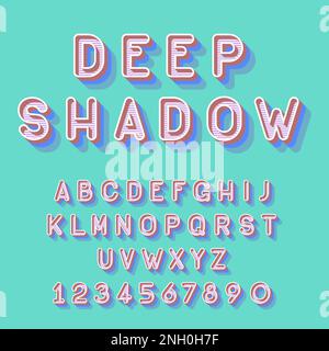 Cool deep shadow isometric font vector illustration. Set of unique decorative 3D type, capital calligraphic alphabet letters and numbers with shadow isolated on background. Latin type modern or retro Stock Vector