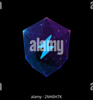 Shield with lightning sign isolated on black background. Stock Vector