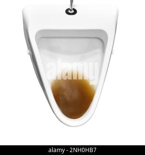 Dirty clogged urinal with water in the toilet of a restaurant, isolated on a white background. Disinfection and hygiene in toilets of public buildings Stock Photo