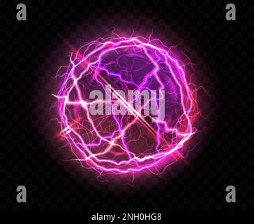 Electric ball or plasma sphere with lens flare, realistic vector illustration. Abstractt ball lightning or powerful electric discharges isolated at night background. Magical energy design Stock Vector