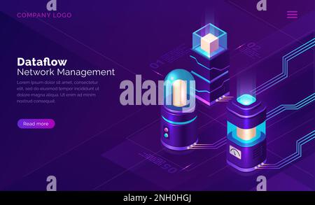 Data flow, network manager isometric technology concept vector. 3d futuristic servers infrastructure with glass domes and connections, blue ultraviolet information flows. Landing web page banner Stock Vector