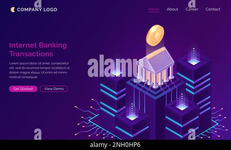 Online internet banking transaction, isometric finance concept vector. Bank building with gold coin on pedestal and traffic connections with servers or data center, finance website landing page Stock Vector